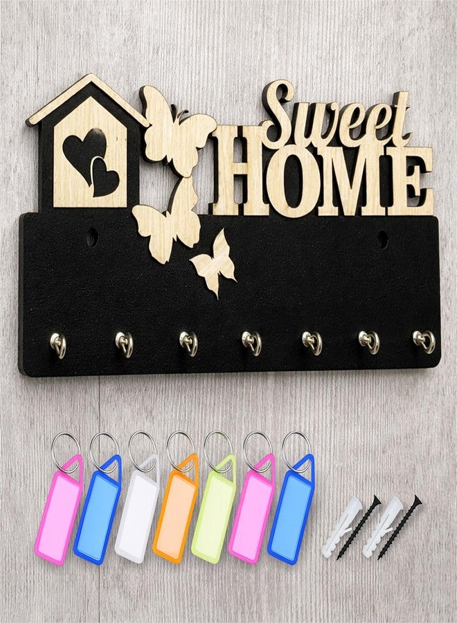 PICRAZEE Key Holder for Wall with 7 Hooks | Color Tag Key-Rings, Screws-Wall Plugs Included | Entryway Sweet Home Design with Hearts & Butterflies | Black Glitter Base, Top Wood Finish 30x14x7.5 cm - Image 1