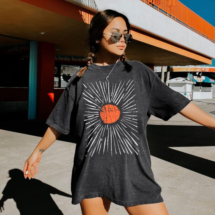 JinTing Womens Oversized Tee Shirts Vintage Sunshine Graphic Tees Hiking T-Shirts Boho Summer Short Sleeve Top - Image 2