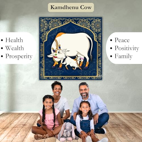 Casperme Kamdhenu Cow with Calf Vastu Prosperity Cotton Canvas Wall Painting For Living Room big size for Bedroom, Hotels & Office Decoration (24 x 24 inches) Casper_CK_05_F1 - Image 4