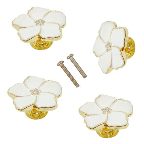 LLDYNW 4 White Flower Petal Handles Kitchen Cabinet Knobs & Drawer Pulls (Gold, 8 Screws) - Image 1
