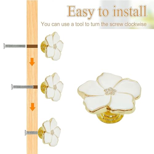 LLDYNW 4 White Flower Petal Handles Kitchen Cabinet Knobs & Drawer Pulls (Gold, 8 Screws) - Image 3