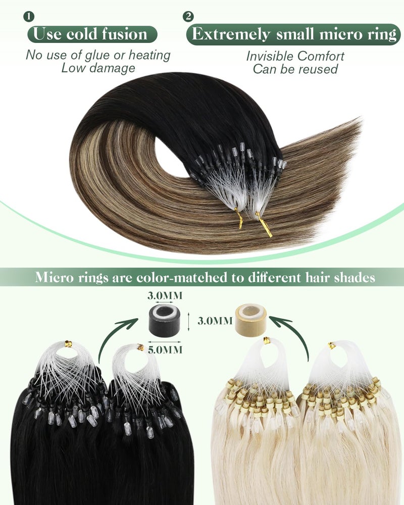 Ugeat Balayage Micro Link Hair Extensions Natural Black to Dark Brown Mix Caramel Brown Balayage Micro Ring Extensions Real Human Hair to Add Length and Volume by No Glue Needed 16 Inch 50g 50s - Image 3