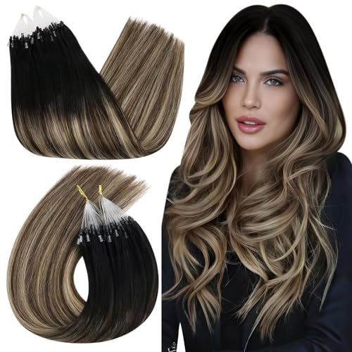 Ugeat Balayage Micro Link Hair Extensions Natural Black to Dark Brown Mix Caramel Brown Balayage Micro Ring Extensions Real Human Hair to Add Length and Volume by No Glue Needed 16 Inch 50g 50s - Image 1