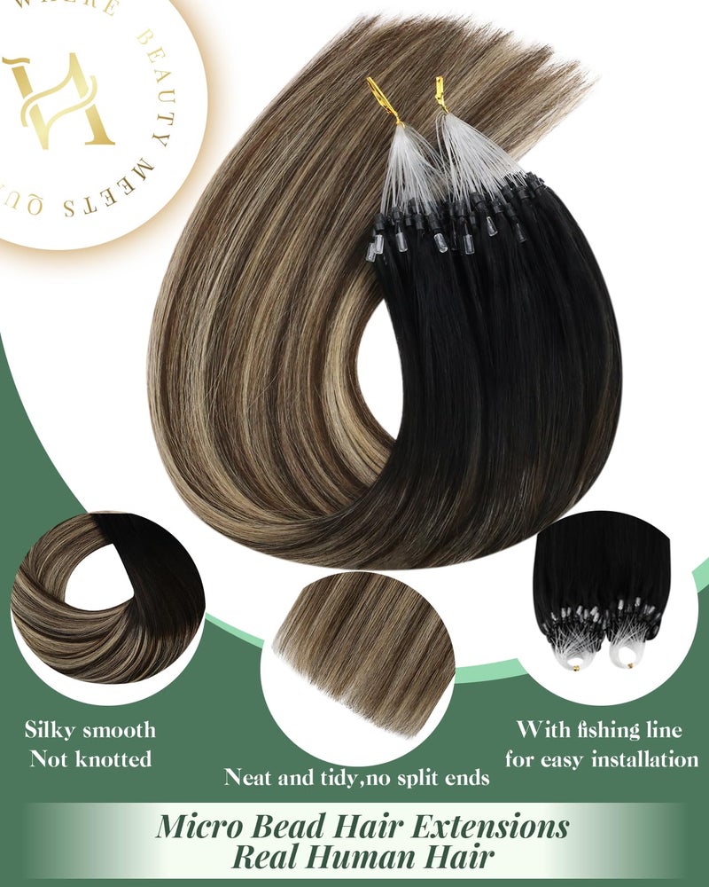 Ugeat Balayage Micro Link Hair Extensions Natural Black to Dark Brown Mix Caramel Brown Balayage Micro Ring Extensions Real Human Hair to Add Length and Volume by No Glue Needed 16 Inch 50g 50s - Image 2