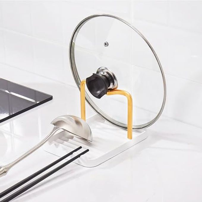 CHANNICORNER Anti-Rust Metal Spoon Rest with Lid Holder, Heat-Resistant Pot Lid Rest, Multifunctional Spatula Holder While Cooking for Stovetop and Kitchen Counter  Gold White - Image 3