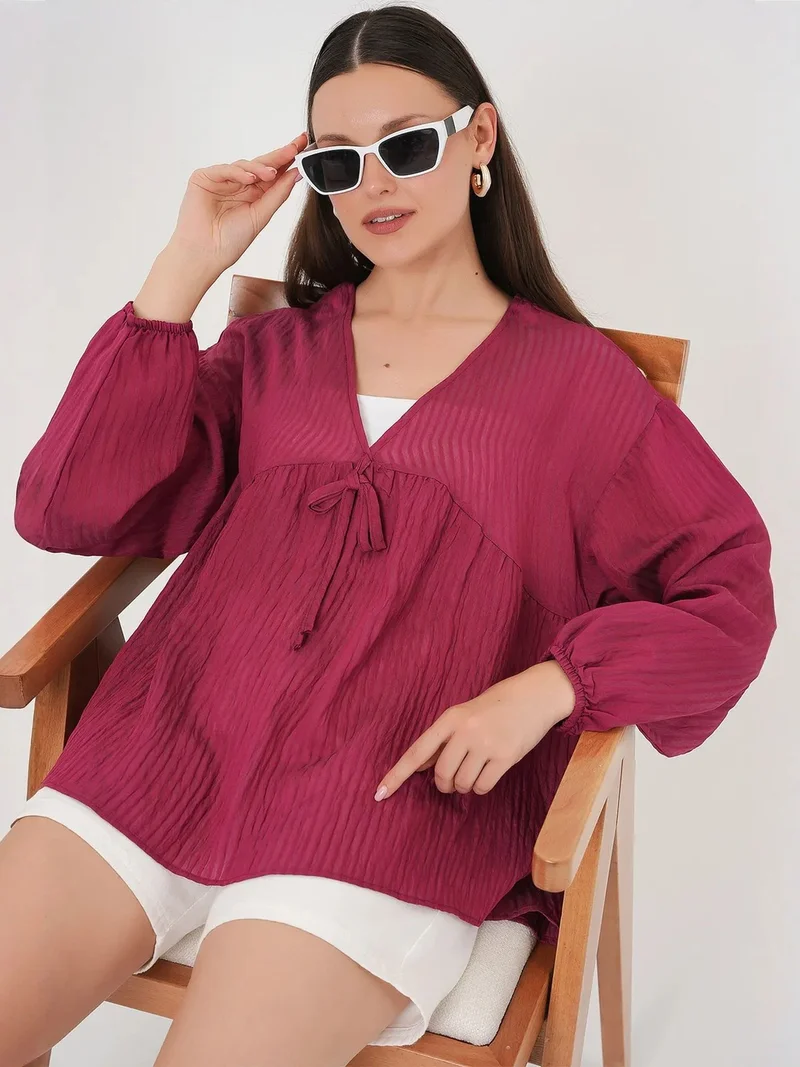 BIG DART BDART Textured Seersucker V-Neck Blouse with Bow Tie