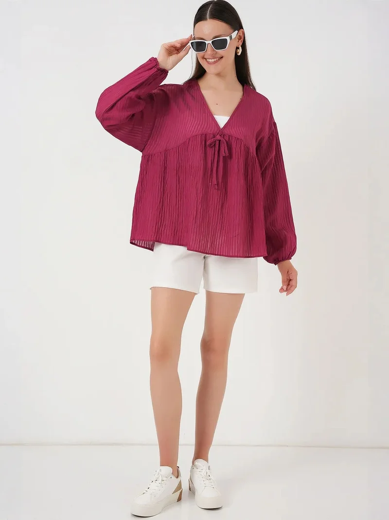 BIG DART BDART Textured Seersucker V-Neck Blouse with Bow Tie