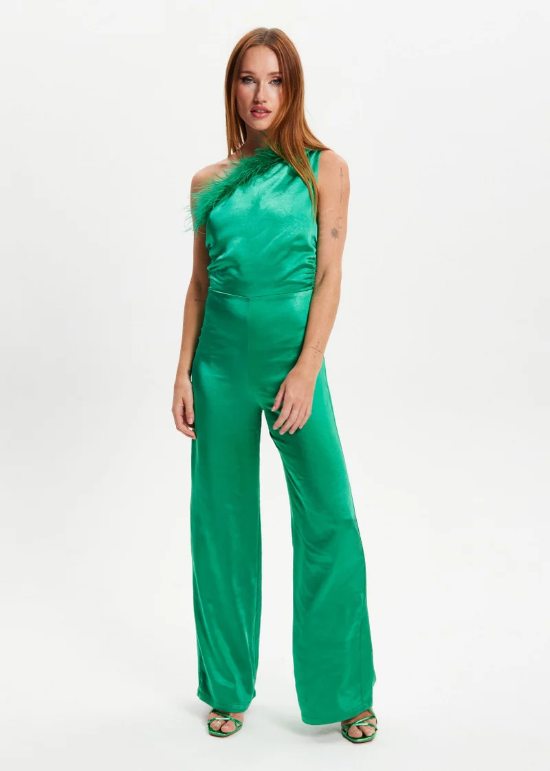 Liquorish One Shoulder Ostrich Feather Jumpsuit
