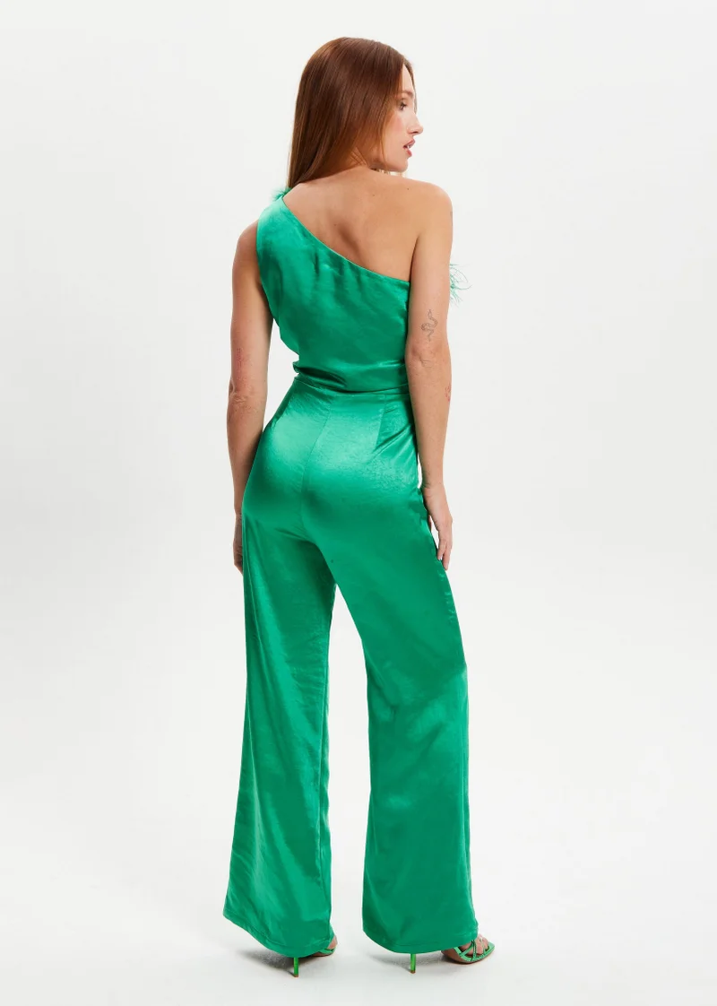 Liquorish One Shoulder Ostrich Feather Jumpsuit