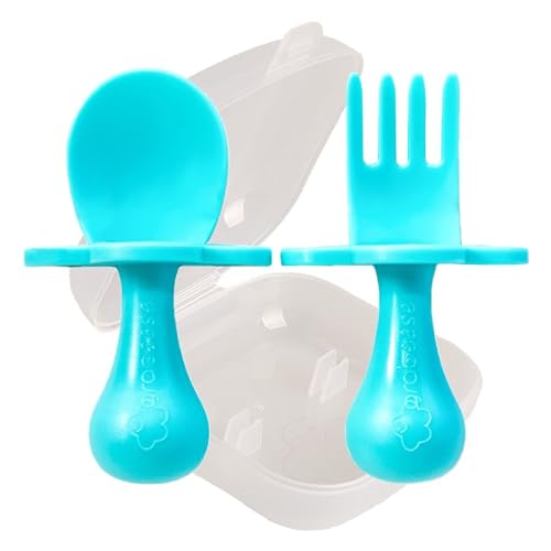Grabease Baby Feeding Utensils - Anti-Choke Collar & Toddler Fork for Ages 1-3 - Easy-Grip Curved Handle Infant Spoon - Dishwasher-Safe Convenience & Baby Cutlery - Teal - Image 1
