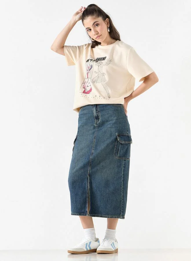 SP Characters Sakura Haruno Print Crew Neck T-shirt with Short Sleeves