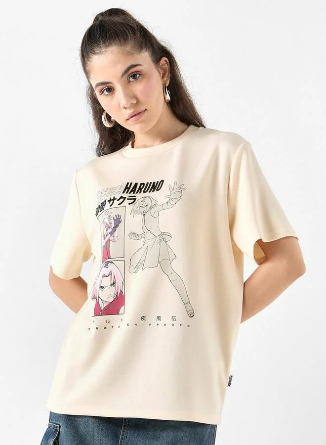 SP Characters Sakura Haruno Print Crew Neck T-shirt with Short Sleeves