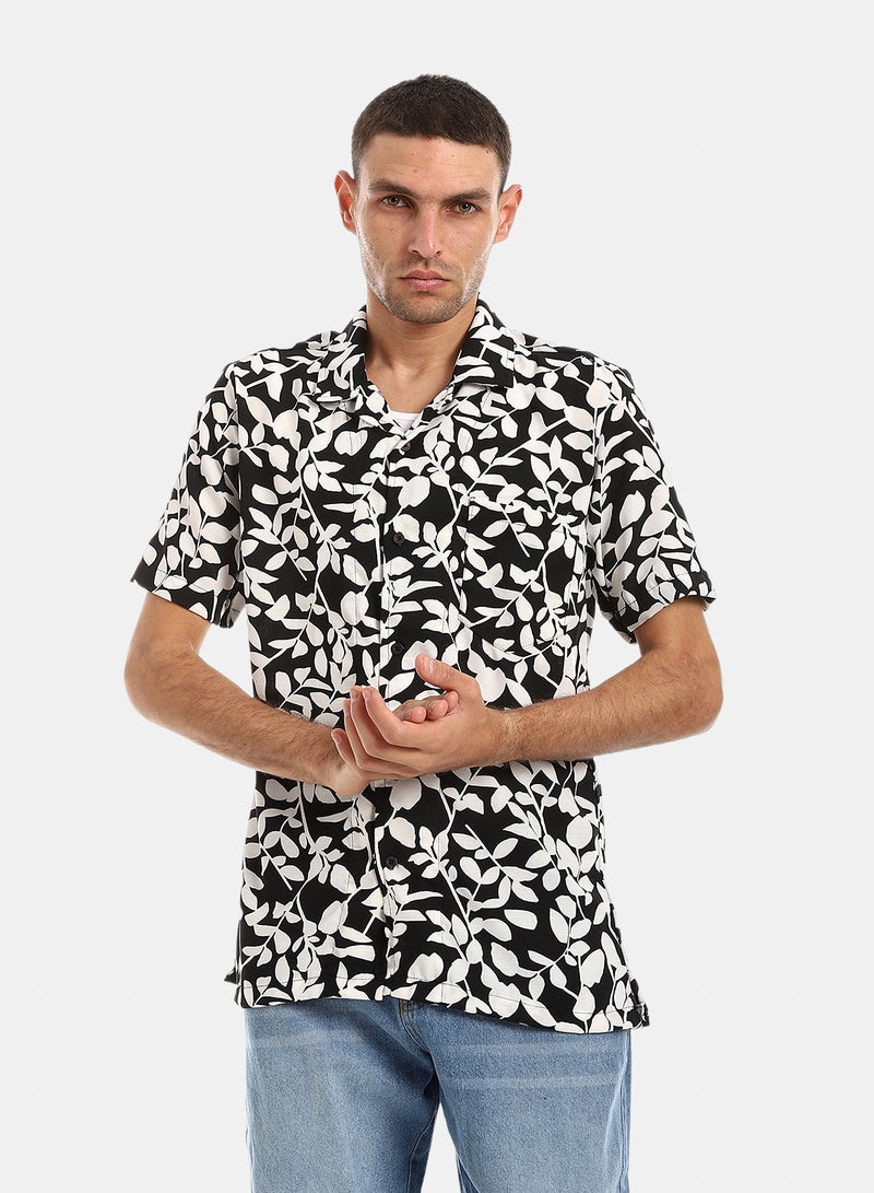 Andora Self Pattern Shirt With Short Sleevs - Black & White - Image 1