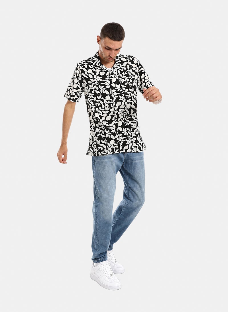 Andora Self Pattern Shirt With Short Sleevs - Black & White - Image 4