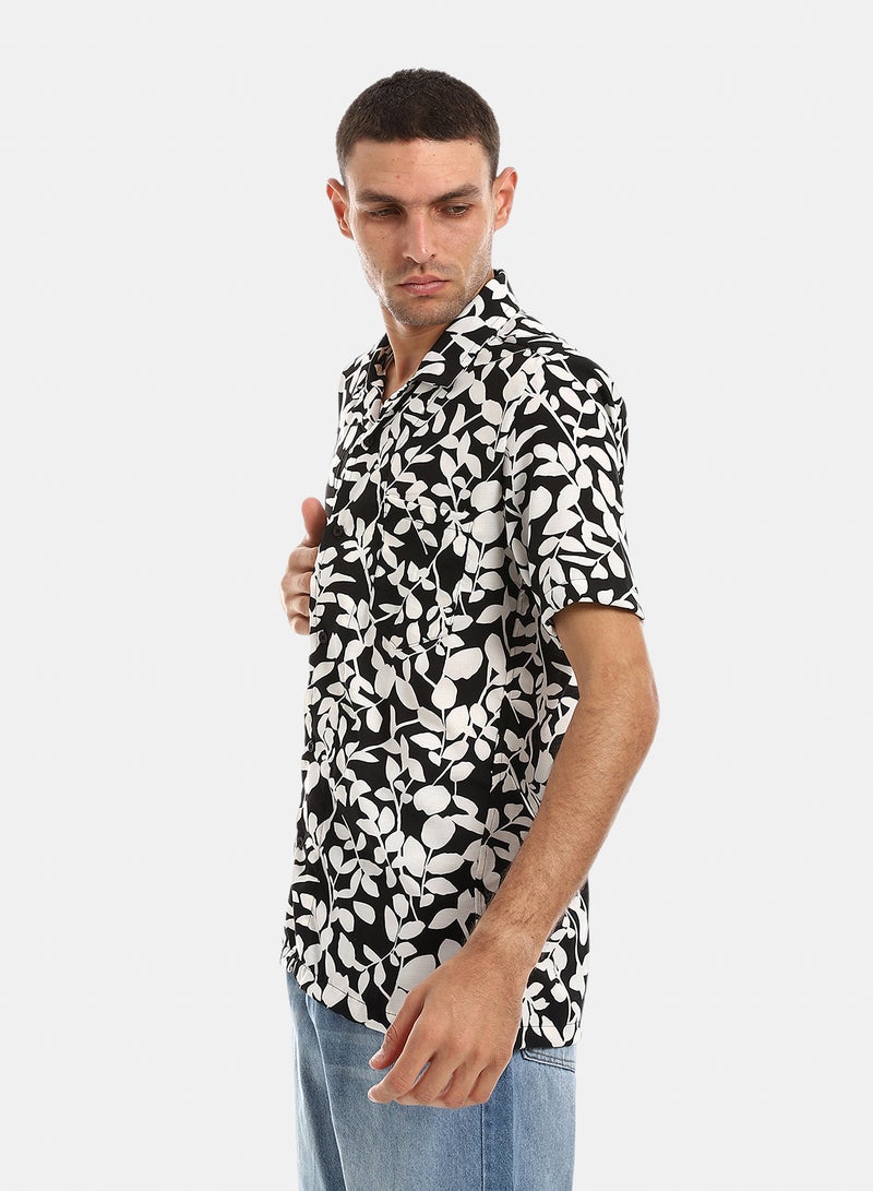 Andora Self Pattern Shirt With Short Sleevs - Black & White - Image 2