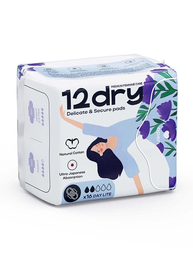 12dry Ultra Thin Sanitary Pads 16 Count Super Absorbent Leak Proof Odor Bacteria Protection Soft Breathable AirCool Technology FDA and FSC Certified for Start and End of Period 185mm Single Pack - Image 1