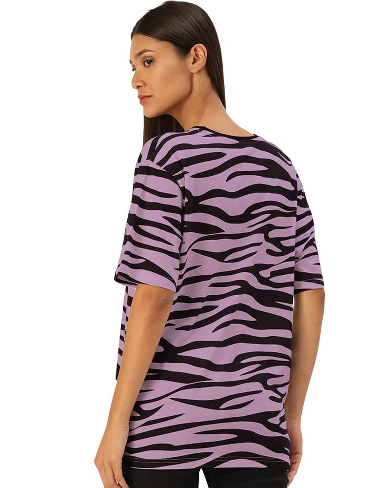 Veirdo Pure Cotton Oversize Loose Baggy Fit Drop Shoulder Round Neck Half Sleeves Cool Zebra Animal Print Lilac T-Shirt for Women - Image 2