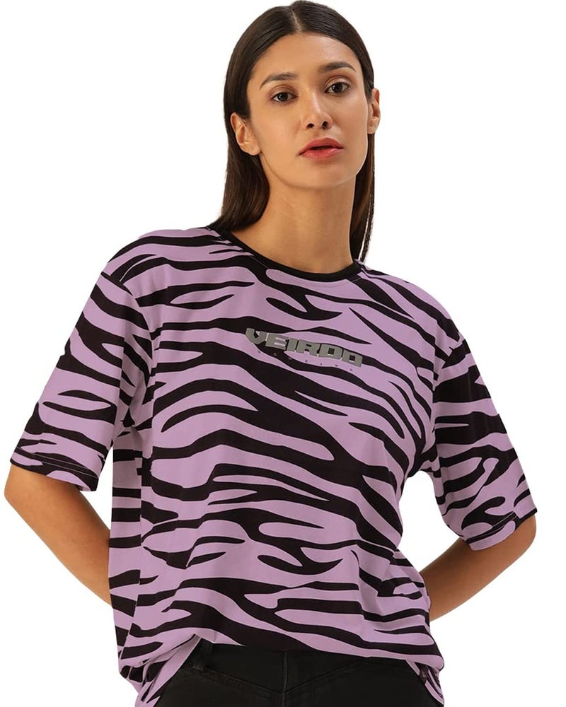 Veirdo Pure Cotton Oversize Loose Baggy Fit Drop Shoulder Round Neck Half Sleeves Cool Zebra Animal Print Lilac T-Shirt for Women - Image 1