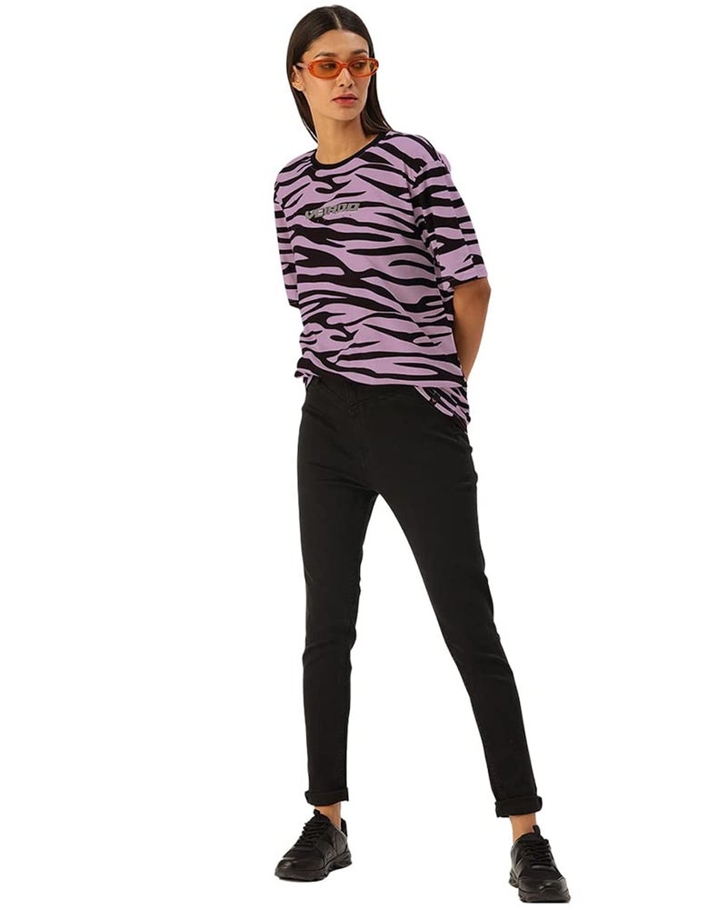 Veirdo Pure Cotton Oversize Loose Baggy Fit Drop Shoulder Round Neck Half Sleeves Cool Zebra Animal Print Lilac T-Shirt for Women - Image 5
