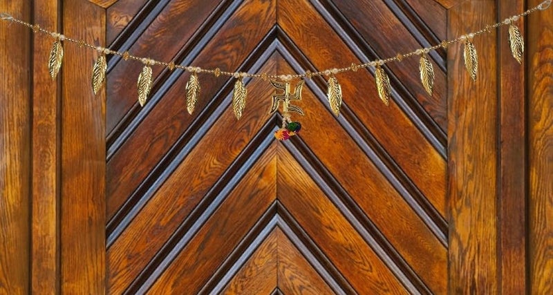 SESONBY Swsastik Golden Leaves Latest Hanging Toran Main Door Garlands Handmade Bandhanwar Door Entrance Hanging HomeTraditional Wall Decoration Diwali Decoration Diwali Gift - Image 2