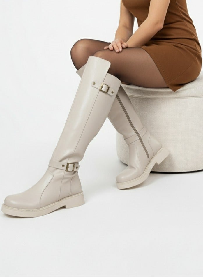 لايف ستيلاش  بوت طويل بكعب متوسط من الجلد أنيق LB-41 - بيج - Image 1