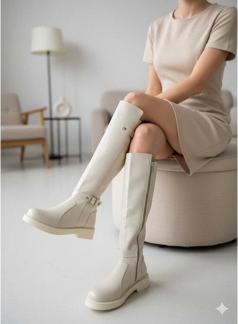 بوت طويل بكعب متوسط من الجلد أنيق LB-41 - بيج