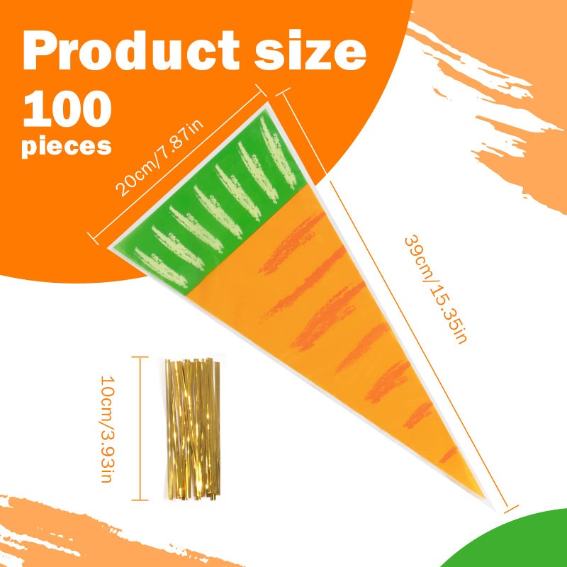 VEIREN 100 Pieces Cone Candy Bags Creative Carrot Shape Treat Bag with Twist Ties Cellophane Goody Cookies DIY Translucent Gift Storage Packaging Bag for Holiday Birthday Wedding Party Decor - Image 4