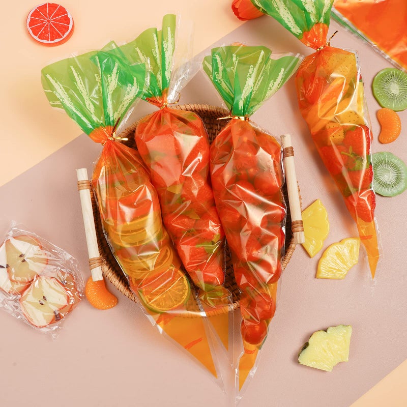 VEIREN 100 Pieces Cone Candy Bags Creative Carrot Shape Treat Bag with Twist Ties Cellophane Goody Cookies DIY Translucent Gift Storage Packaging Bag for Holiday Birthday Wedding Party Decor - Image 3