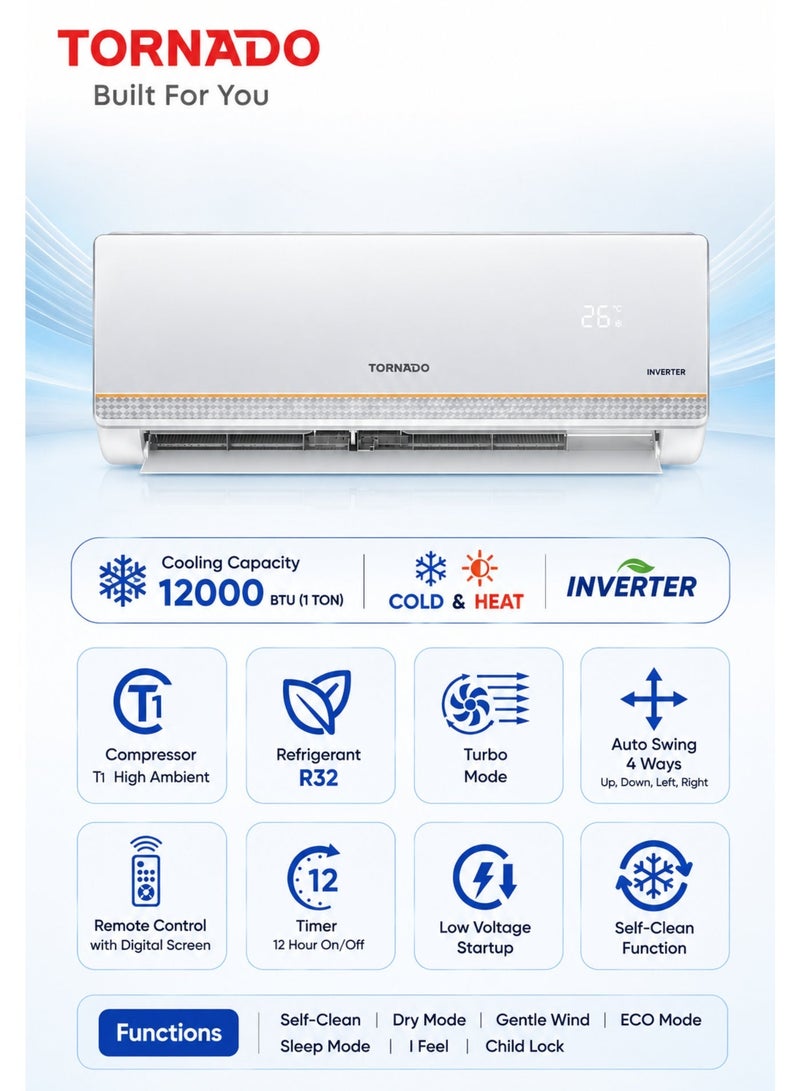 TORNADO 1 Ton Inverter Split Air Conditioner 12000 BTU, Cooling & Heating, Eco-Friendly R32, Golden Fin Protection, 4-Way Swing, Turbo Mode, Self-Clean, White - TY-X12BHM - 1-Year Free Warranty - Image 1
