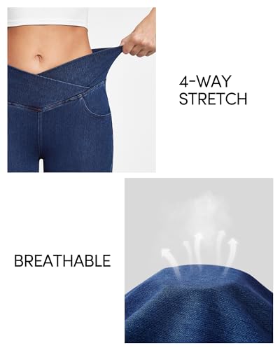 IUGA High Waisted Bell Bottom Jeans for Women Flare Stretchy Jeans Pull On Wide Leg Jean Woman V Cross Flare Leggings Pants(Dark Blue, X-Large) - Image 4