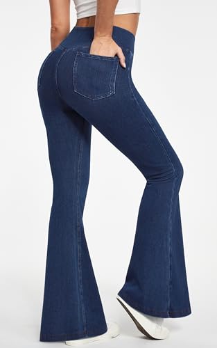 IUGA High Waisted Bell Bottom Jeans for Women Flare Stretchy Jeans Pull On Wide Leg Jean Woman V Cross Flare Leggings Pants(Dark Blue, X-Large) - Image 2