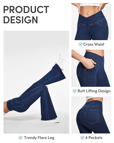 IUGA High Waisted Bell Bottom Jeans for Women Flare Stretchy Jeans Pull On Wide Leg Jean Woman V Cross Flare Leggings Pants(Dark Blue, X-Large) - Image 3
