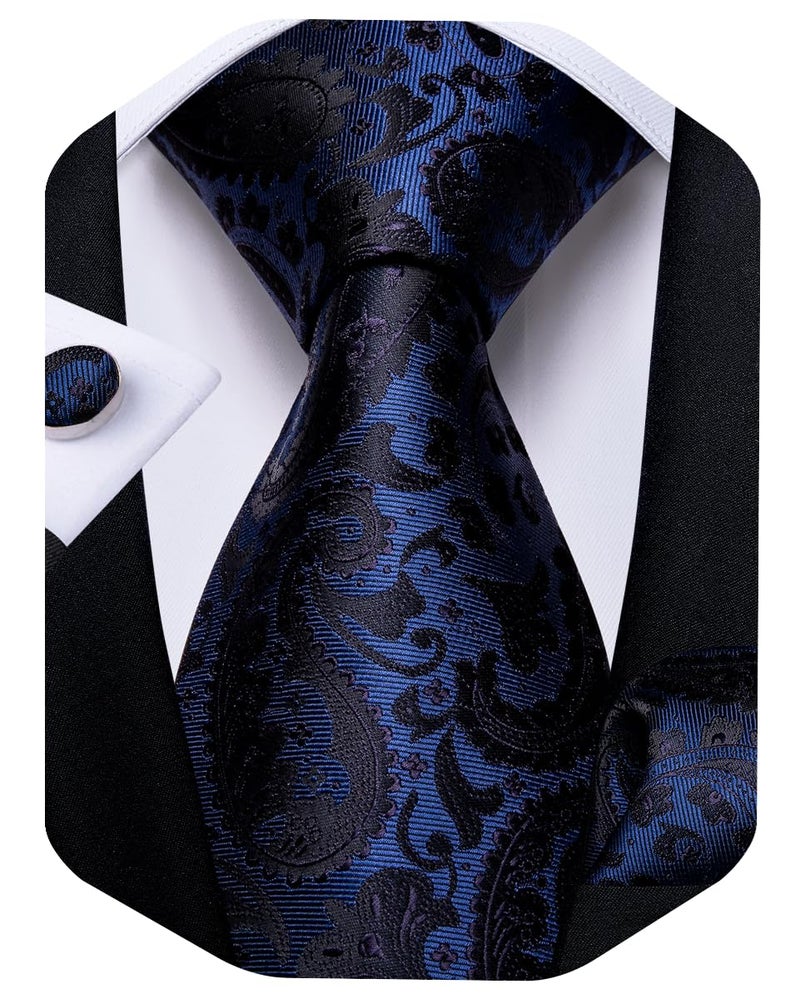 DiBanGu Blue Necktie for Men Silk Blue Black Paisley Tie Set and Handkerchief Cufflinks Formal Business - Image 1