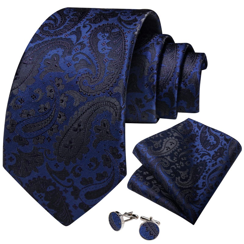 DiBanGu Blue Necktie for Men Silk Blue Black Paisley Tie Set and Handkerchief Cufflinks Formal Business - Image 3