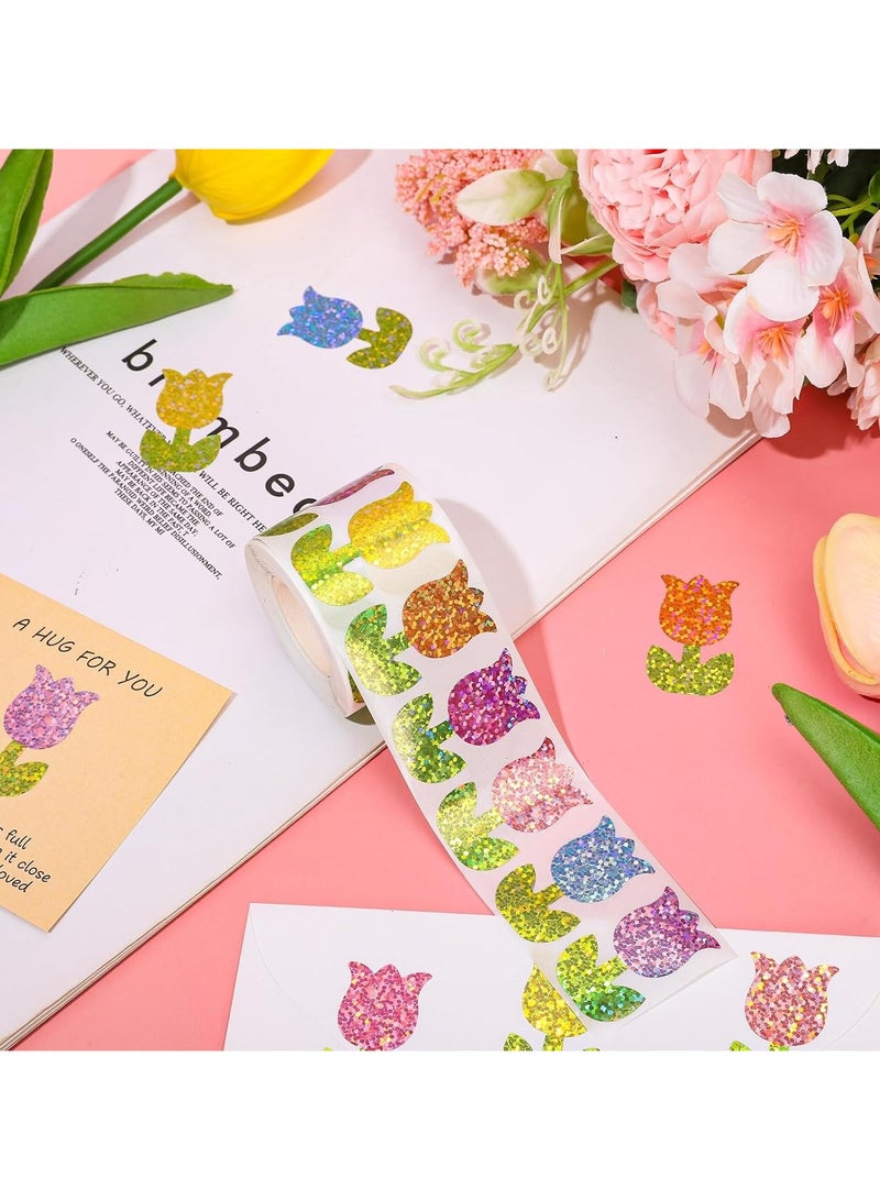 Tulip Glitter Stickers Roll | 500PCS Colorful Sparkle Flower Labels, 3cm/1.2in, Waterproof Laser Stickers for Kids, Crafts, Gift Wrapping, Journals, Packaging & Everyday Decoration - Image 3