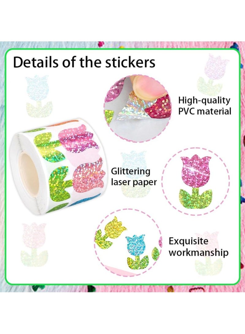 Tulip Glitter Stickers Roll | 500PCS Colorful Sparkle Flower Labels, 3cm/1.2in, Waterproof Laser Stickers for Kids, Crafts, Gift Wrapping, Journals, Packaging & Everyday Decoration - Image 4