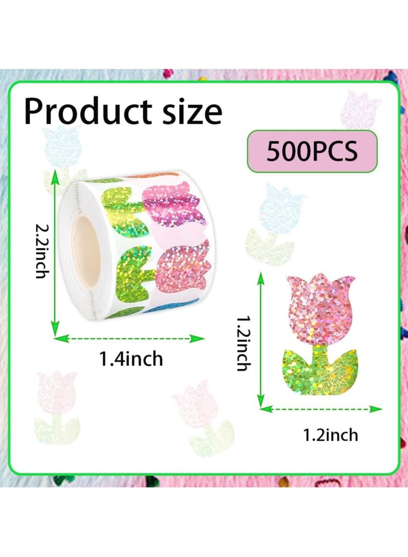 Tulip Glitter Stickers Roll | 500PCS Colorful Sparkle Flower Labels, 3cm/1.2in, Waterproof Laser Stickers for Kids, Crafts, Gift Wrapping, Journals, Packaging & Everyday Decoration - Image 5