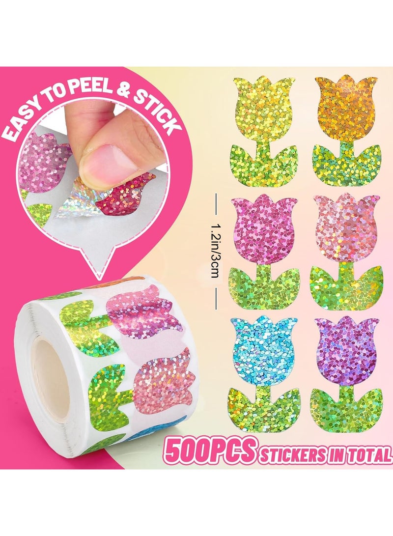Tulip Glitter Stickers Roll | 500PCS Colorful Sparkle Flower Labels, 3cm/1.2in, Waterproof Laser Stickers for Kids, Crafts, Gift Wrapping, Journals, Packaging & Everyday Decoration - Image 1
