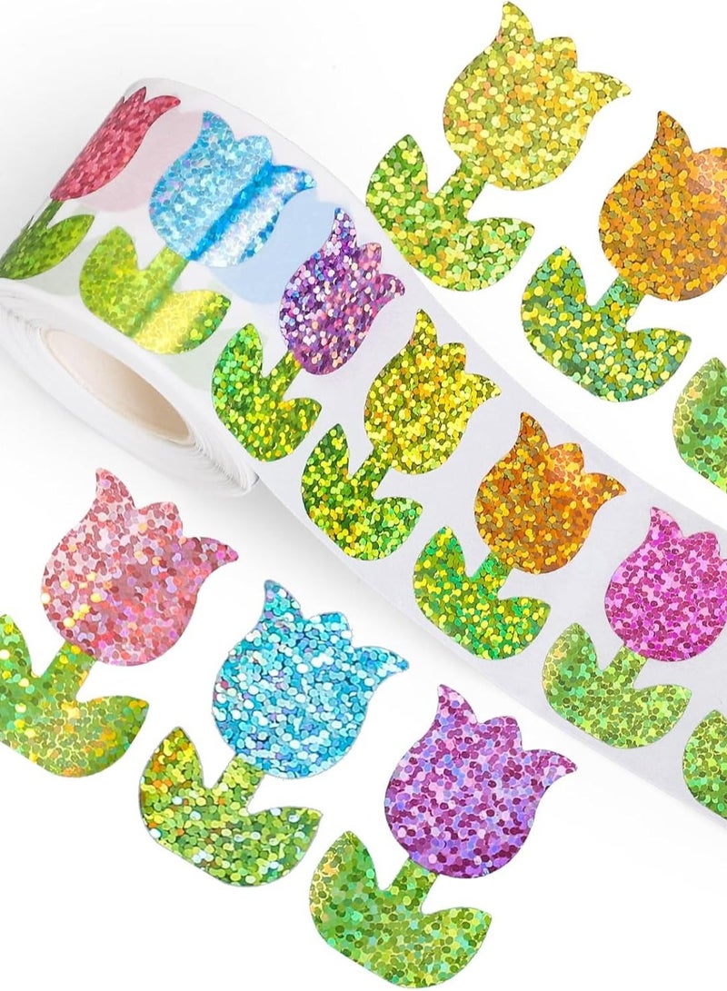 Tulip Glitter Stickers Roll | 500PCS Colorful Sparkle Flower Labels, 3cm/1.2in, Waterproof Laser Stickers for Kids, Crafts, Gift Wrapping, Journals, Packaging & Everyday Decoration - Image 2