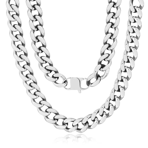 NOKMIT Chunky Cuban Link Curb Chain Necklace for Women Men Dainty 18K Gold Silver Tone Choker Thick Trendy Statement Diamond Cut Punk Hip Hop Cuban Chain Jewelry Gifts Unisex Silver 16mm 18in - Image 1