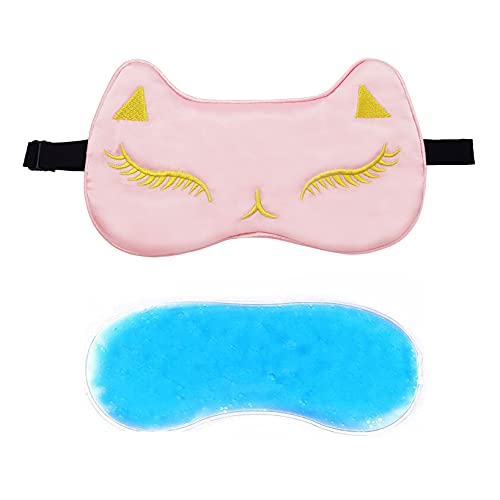 Jenna™ Natural Silk Kitty Design Sleep Mask Cover for Insomnia, Puffy Eyes and Dark Circles With Gel (BabyPink) - Image 1