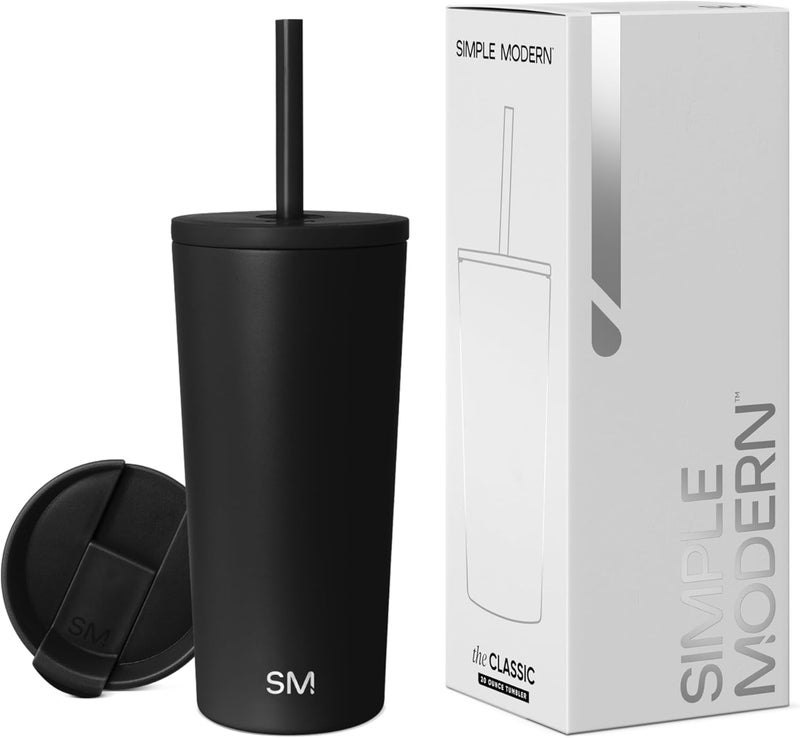 Simple Modern كوب معزول بغطاء وقشة | كوب قهوة مثلجة قابل لإعادة الاستخدام زجاجة ماء من الفولاذ المقاوم للصدأ | هدايا للنساء والرجال | مجموعة كلاسيكية | 20 أونصة | أسود منتصف الليل - Image 1