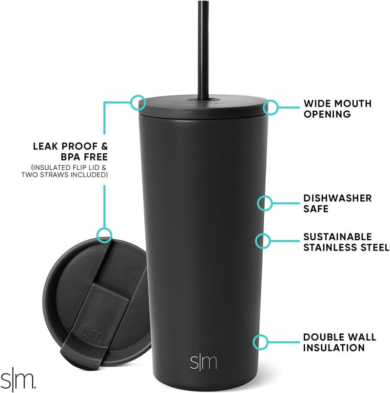 Simple Modern كوب معزول بغطاء وقشة | كوب قهوة مثلجة قابل لإعادة الاستخدام زجاجة ماء من الفولاذ المقاوم للصدأ | هدايا للنساء والرجال | مجموعة كلاسيكية | 20 أونصة | أسود منتصف الليل - Image 2