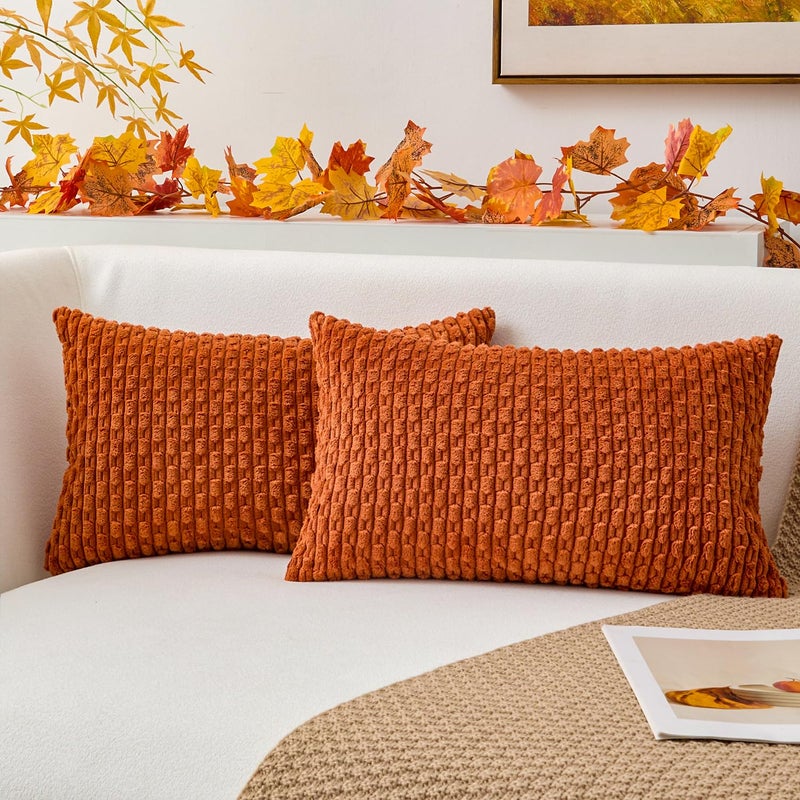 K KEVIN TEXTILE Kevin Textile Pack of 2 Fall Corduroy Decorative Throw Pillow Covers 12x20 Inch Soft Boho Striped Pillow Covers Modern Farmhouse Home Decor for Sofa Living Room Couch Bed Rust - Image 1