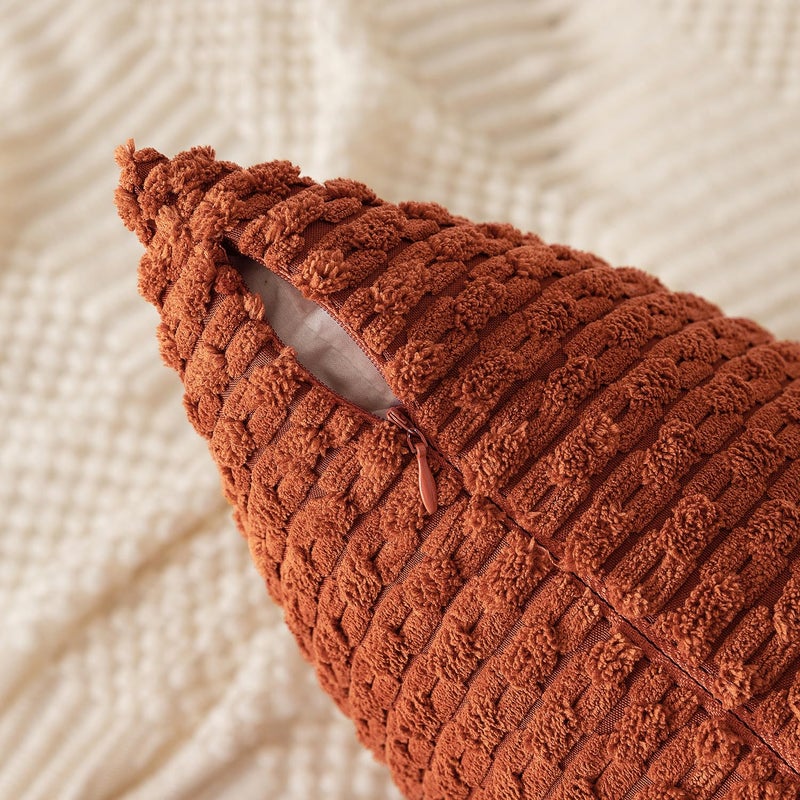 K KEVIN TEXTILE Kevin Textile Pack of 2 Fall Corduroy Decorative Throw Pillow Covers 12x20 Inch Soft Boho Striped Pillow Covers Modern Farmhouse Home Decor for Sofa Living Room Couch Bed Rust - Image 2