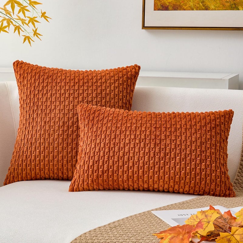 K KEVIN TEXTILE Kevin Textile Pack of 2 Fall Corduroy Decorative Throw Pillow Covers 12x20 Inch Soft Boho Striped Pillow Covers Modern Farmhouse Home Decor for Sofa Living Room Couch Bed Rust - Image 4