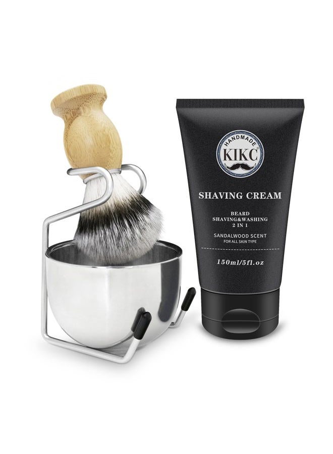 Kikc طقم حلاقة 5 في 1، طقم فرشاة حلاقة للرجال، يتضمن فرشاة حلاقة صناعية، وعاء رغوة من الفولاذ المقاوم للصدأ، حامل فرشاة الحلاقة، كريم حلاقة، دليل الحلاقة، أفضل هدية للرجل ذو اللحية، طقم فضي - Image 1