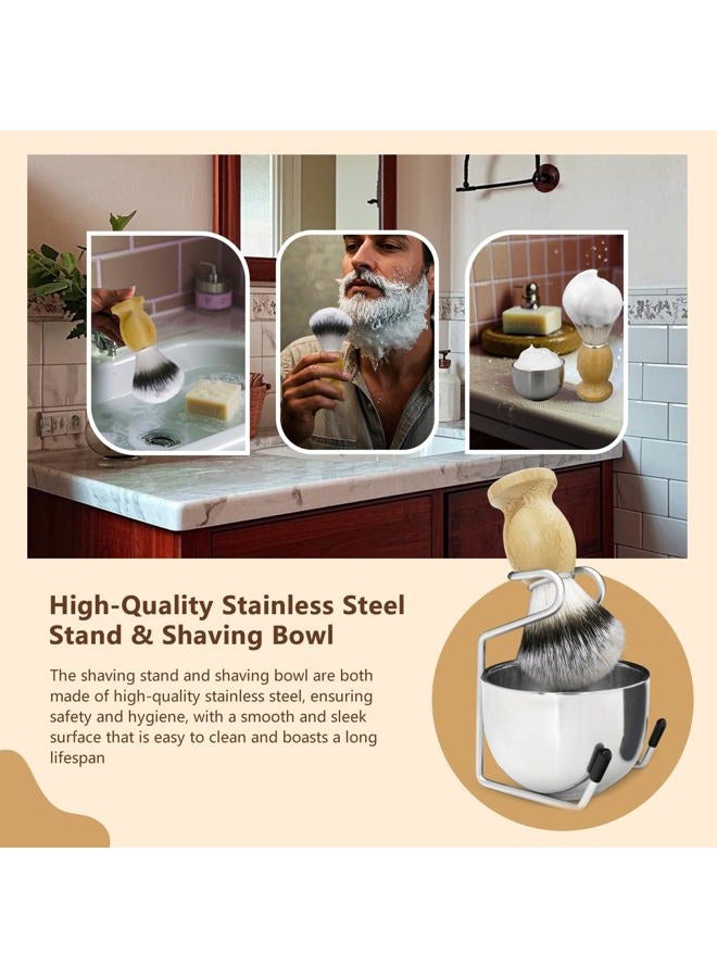 Kikc طقم حلاقة 5 في 1، طقم فرشاة حلاقة للرجال، يتضمن فرشاة حلاقة صناعية، وعاء رغوة من الفولاذ المقاوم للصدأ، حامل فرشاة الحلاقة، كريم حلاقة، دليل الحلاقة، أفضل هدية للرجل ذو اللحية، طقم فضي - Image 3