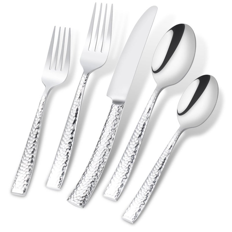 Flatasy Flatware Silverware Set Hammered Mirror Polished Stainless Steel 20 Piece Set for Home Kitchen Restaurant Hotel Housewarming Wedding Gift Service for 4
