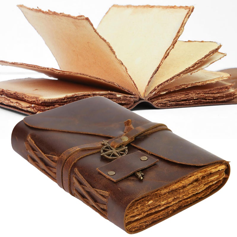 Wanderings Vintage Leather Journal - 7" x 5" - Antique Handmade Leather Bound Journal with Old Fashioned Deckle Edge Paper - Vintage Notebook for Diary, Book of Shadows, Writing, Grimoire, Sketching - Image 1